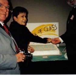 Sally, Pete Wurzberger, and Phil Hatlen cutting the cake at the 50th Anniversary of the Program in Visual Impairments, 1999